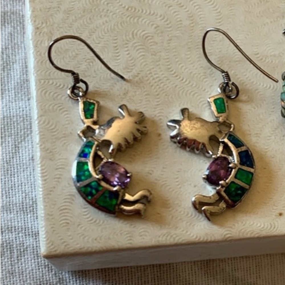 Kokopelli Drop Earrings with Green & Blue Inlay and Purple Stone